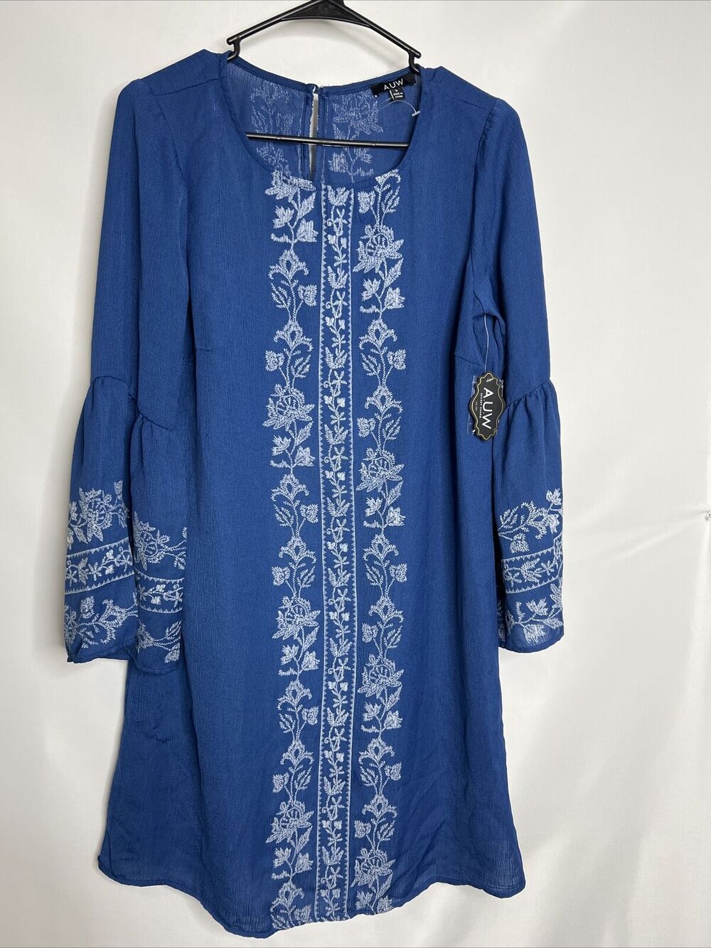 AUW Boho Festival Style Dress Size Small Blue Botanical Pattern Faux Embroi NWT